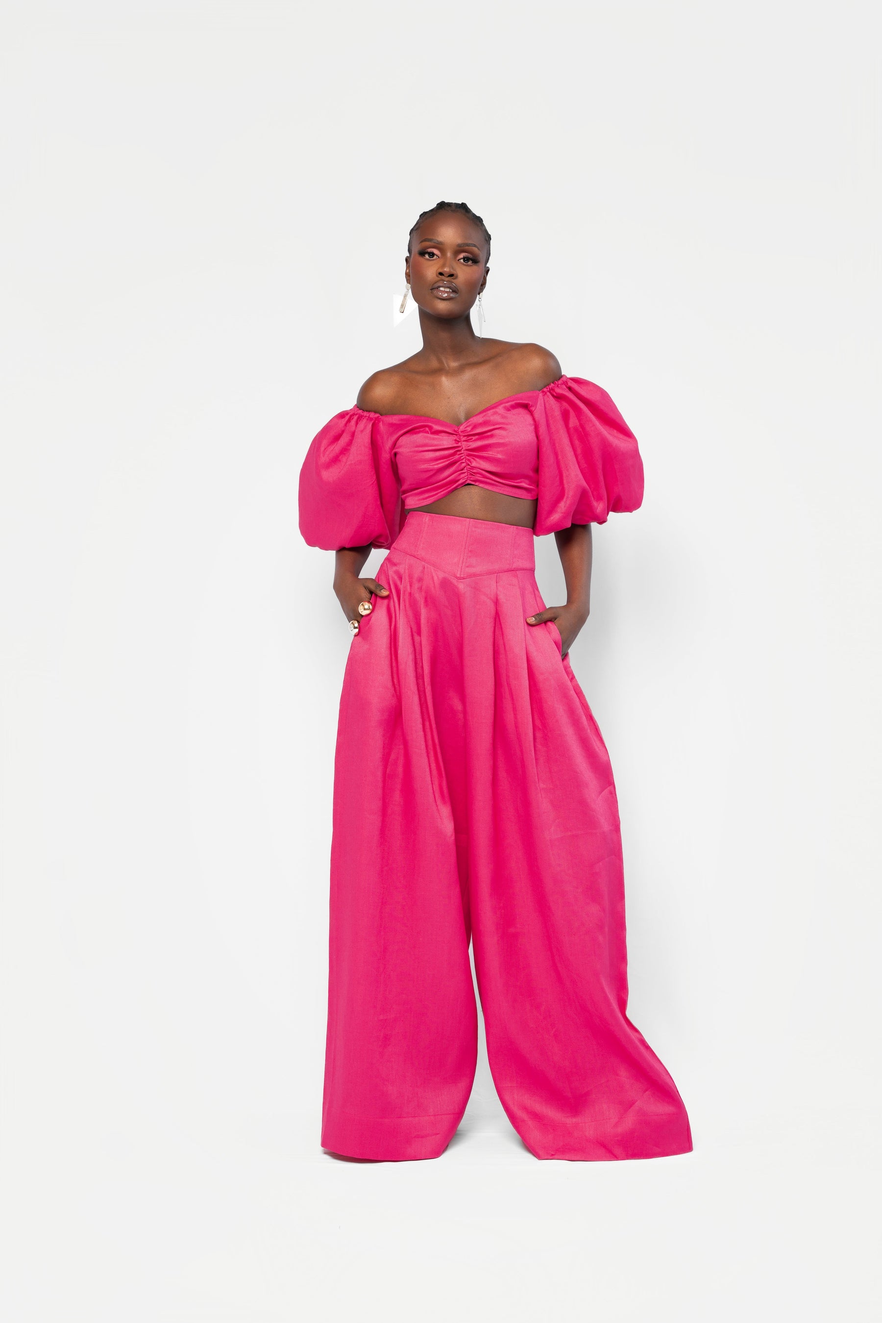Linen SKYE Puffy Sleeve Crop Top in Pink