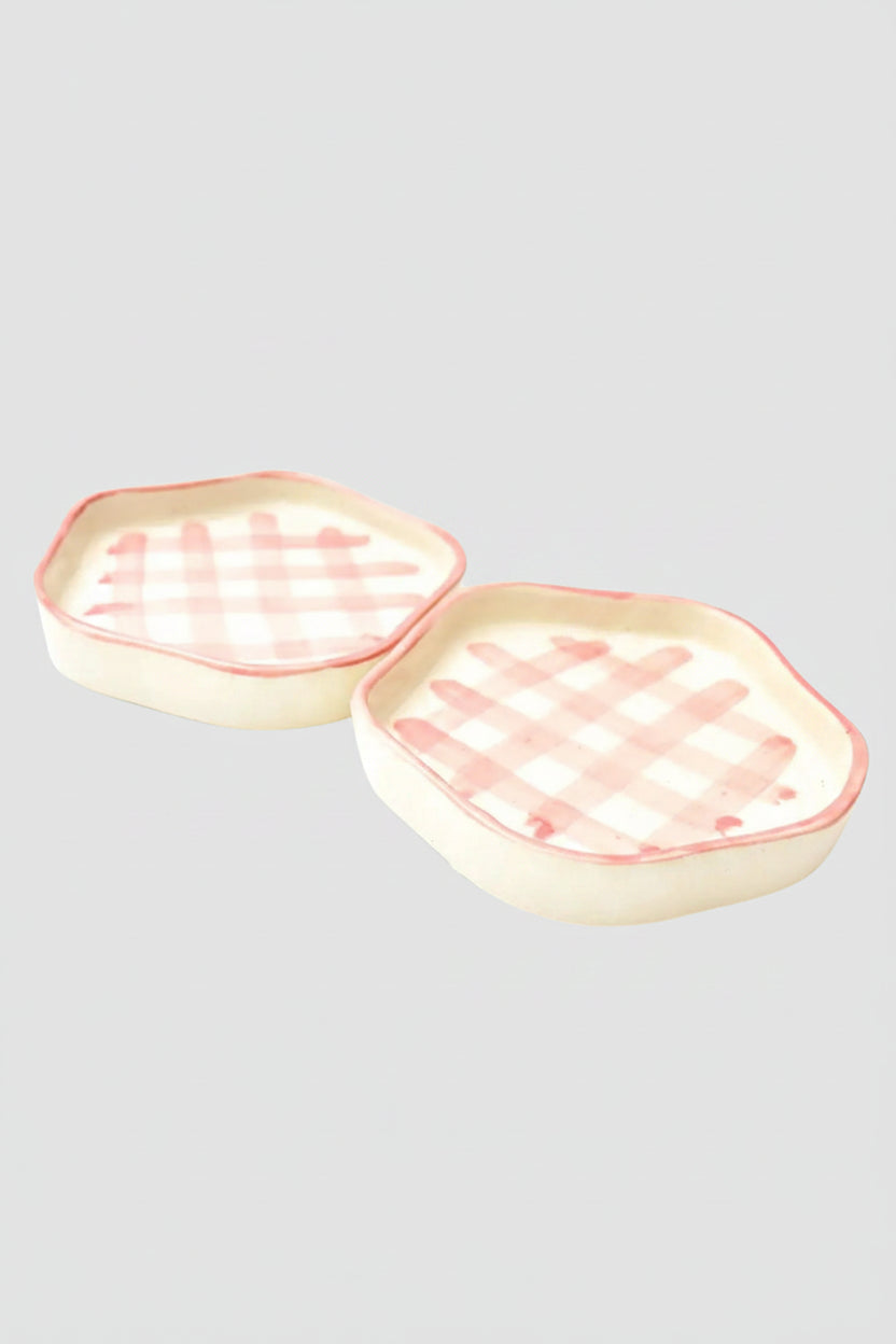 Ceramic Gingham Coasters - Pink Checkered , 4.7 Inches