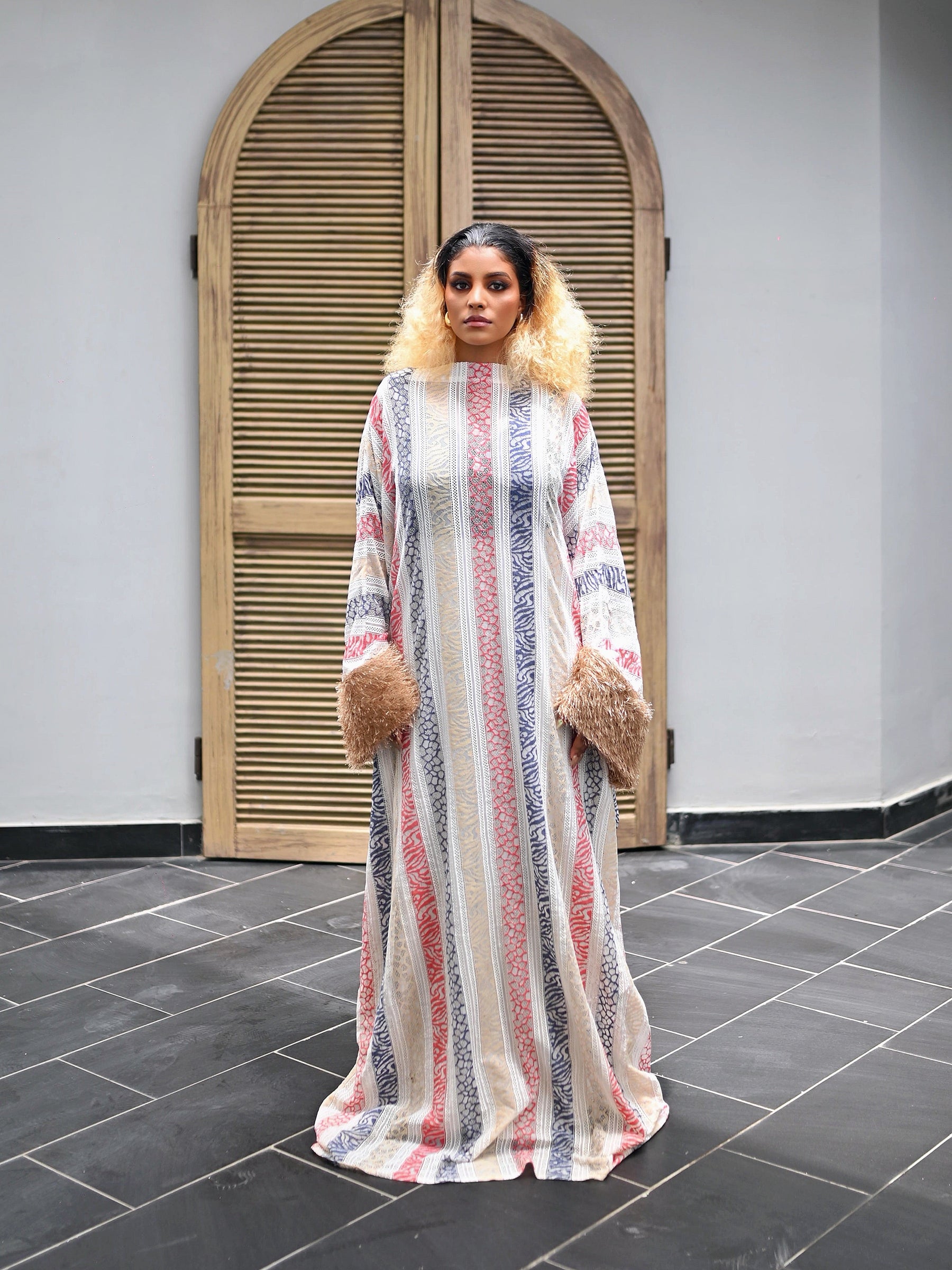 ORI STRIPED BOUBOU DRESS WITH FAUX FUR