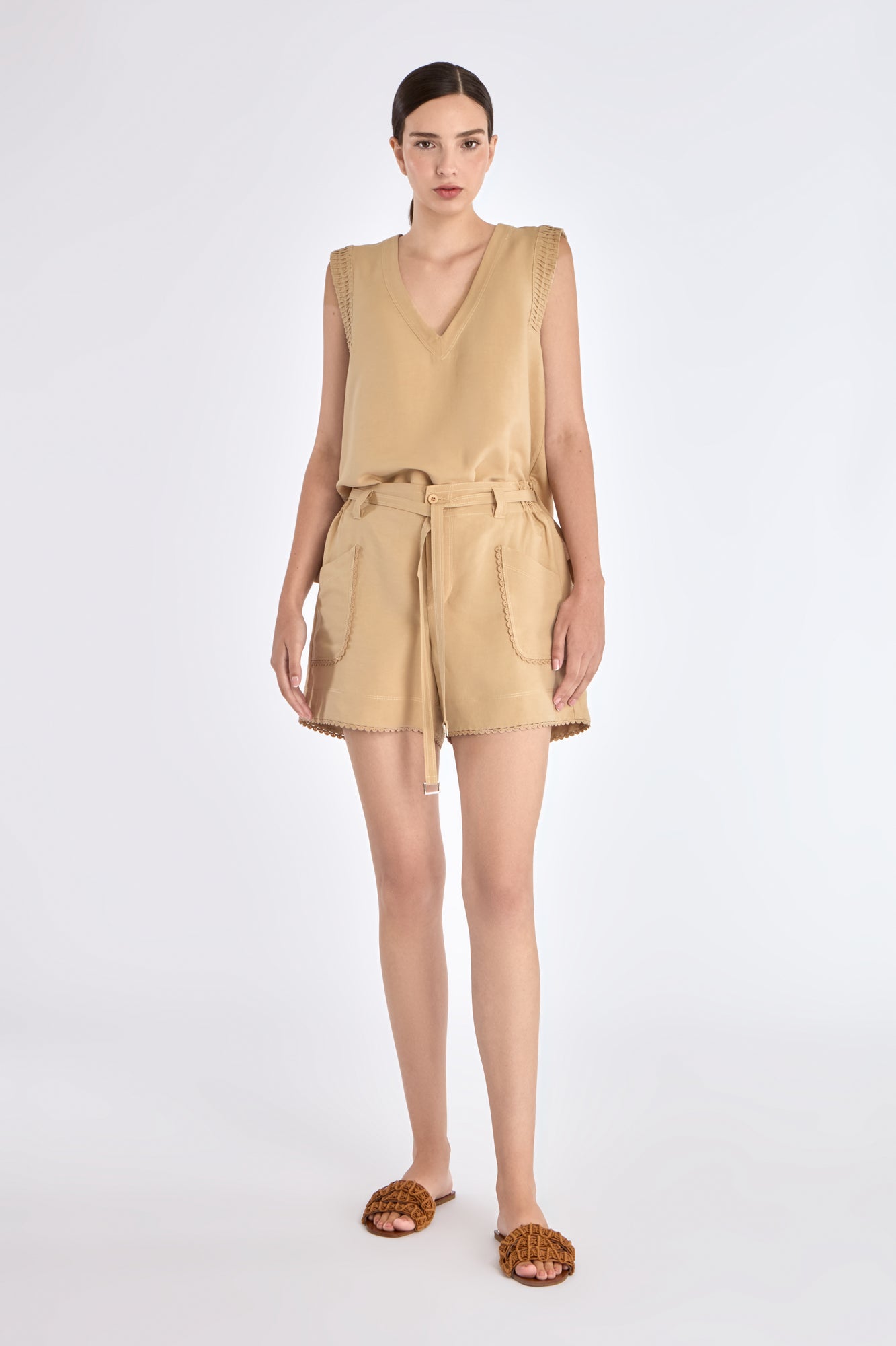 Lira Belted Linen Blend Short | Camel