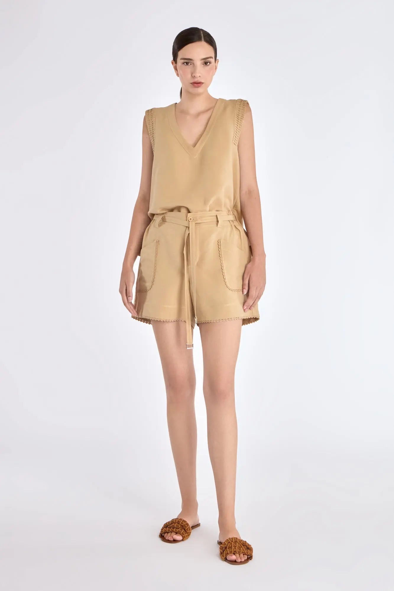 Lira Belted Linen Blend Short | Camel