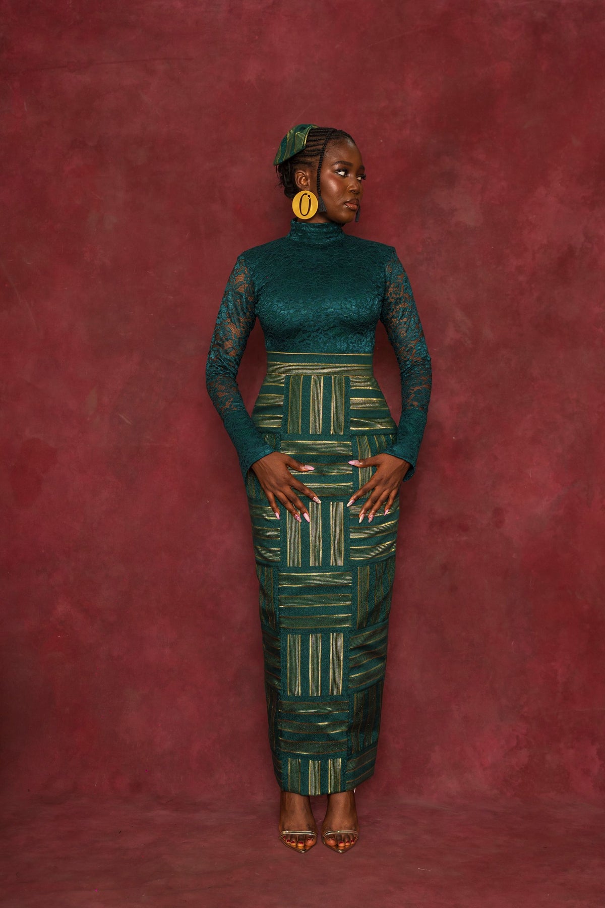 Green Lace Blouse and Rhozubic Woven Maxi Skirt