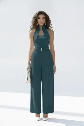 Teal High-collar Jumpsuit – Gold Buckle