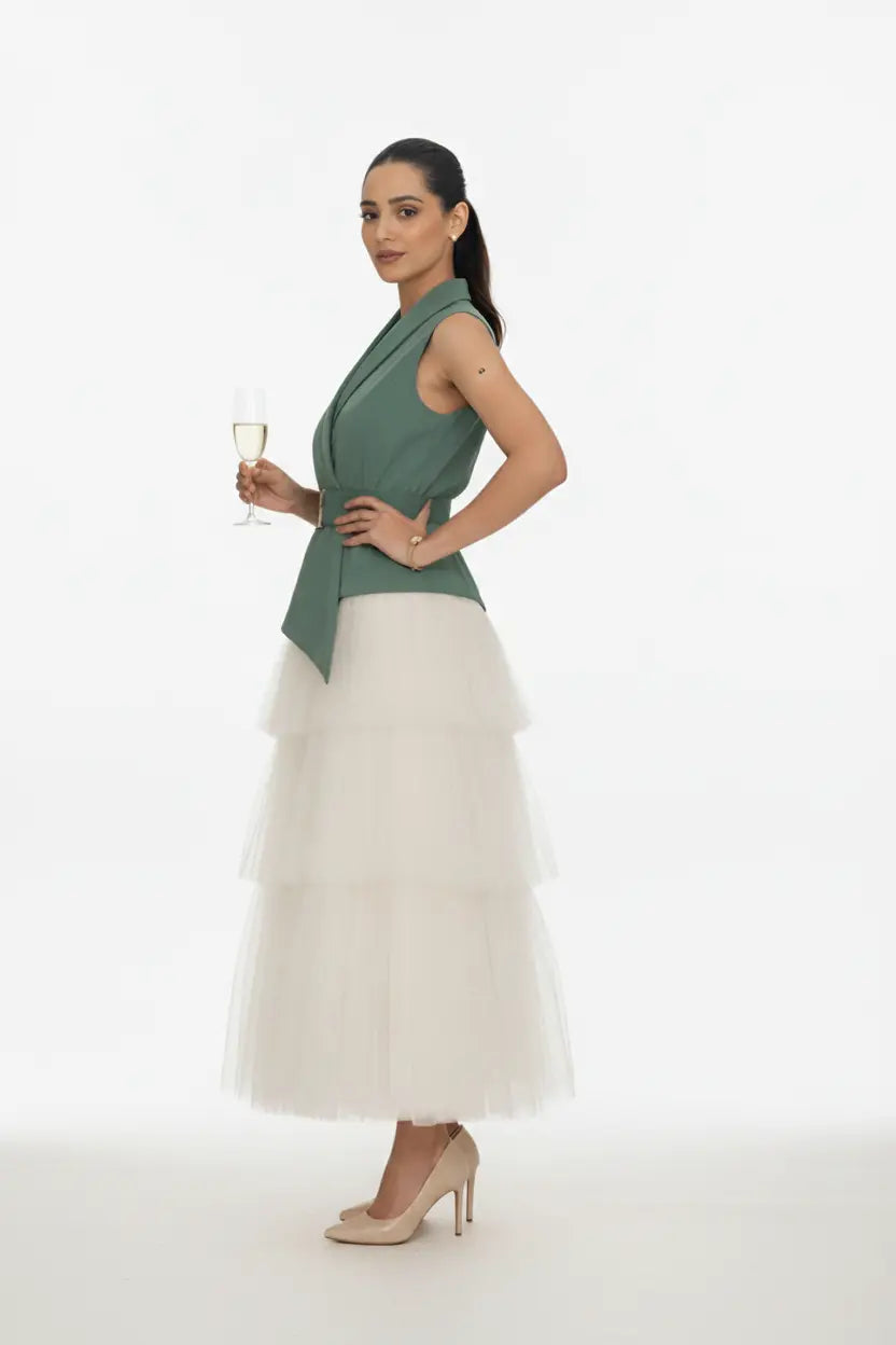 Ivory Layer Skirt & Sea-green Waist Coat – Fresh Elegance