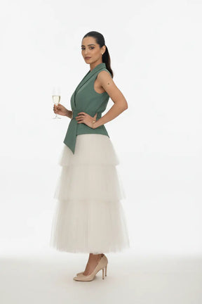 Ivory Layer Skirt & Sea-green Waist Coat – Fresh Elegance