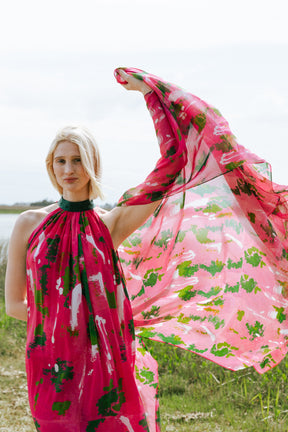Pink Green Wall Splash Gathered Maxi Dress