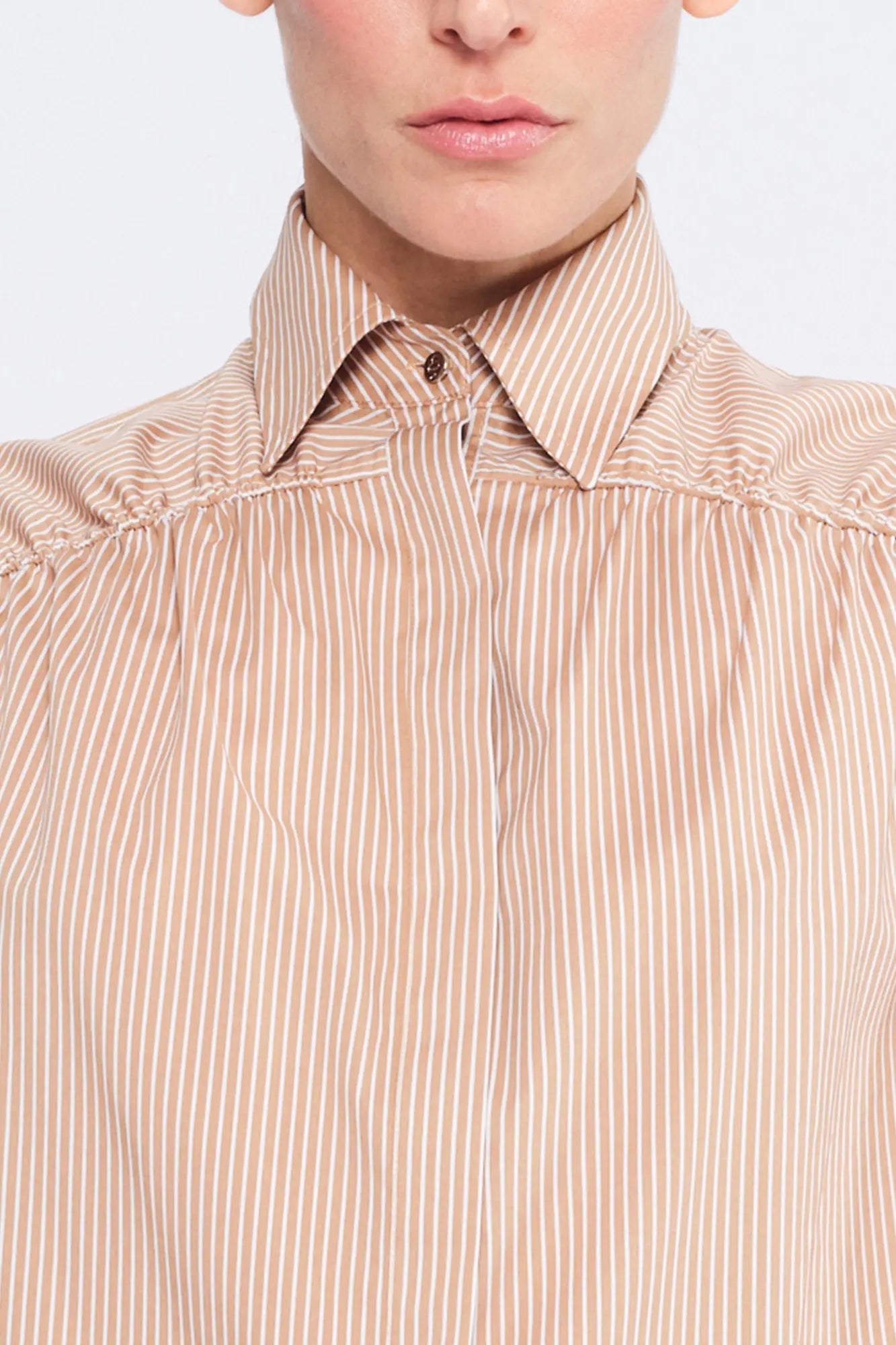 Star Gathered Shoulder Blouse | Striped Camel