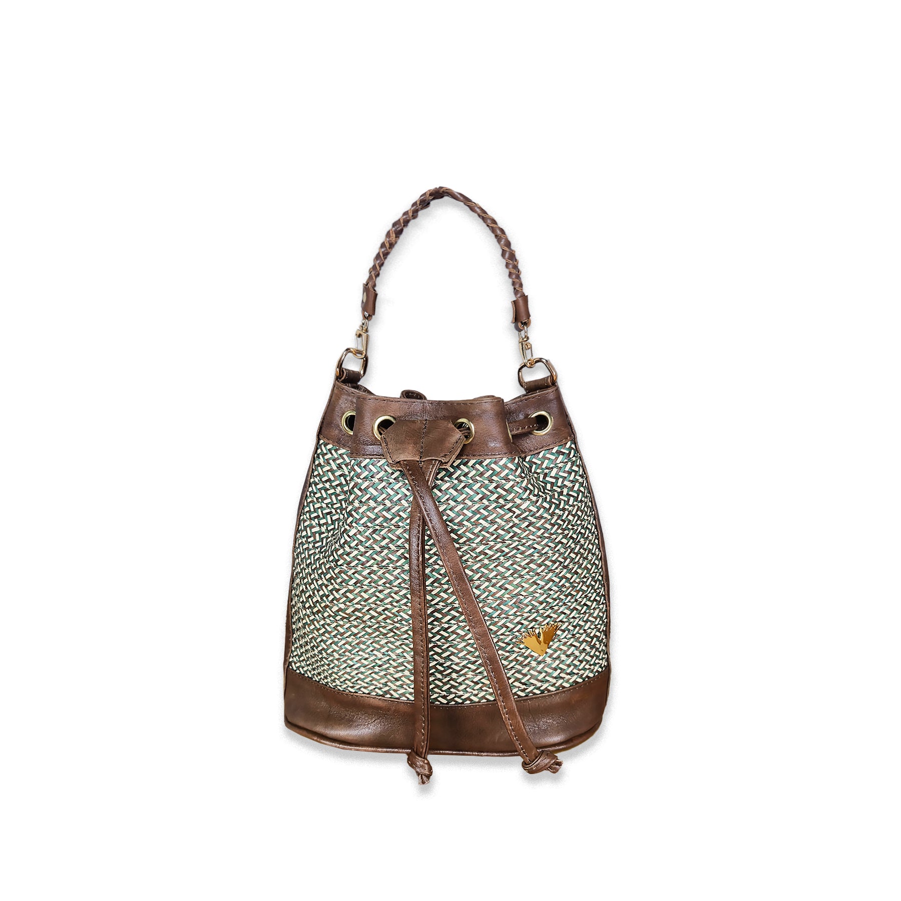 Dark Brown Leather Terra Bag – Handmade Crossbody & Handbag, Timeless Palm Weave Bucket Bag