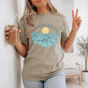 Promise Keeper Genesis Ocean Waves Graphic T-Shirt | Khaki Olive Christian Scripture Cotton Tee