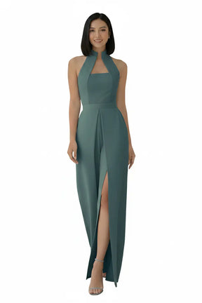 Sea-green High-collar Slit-leg Jumpsuit
