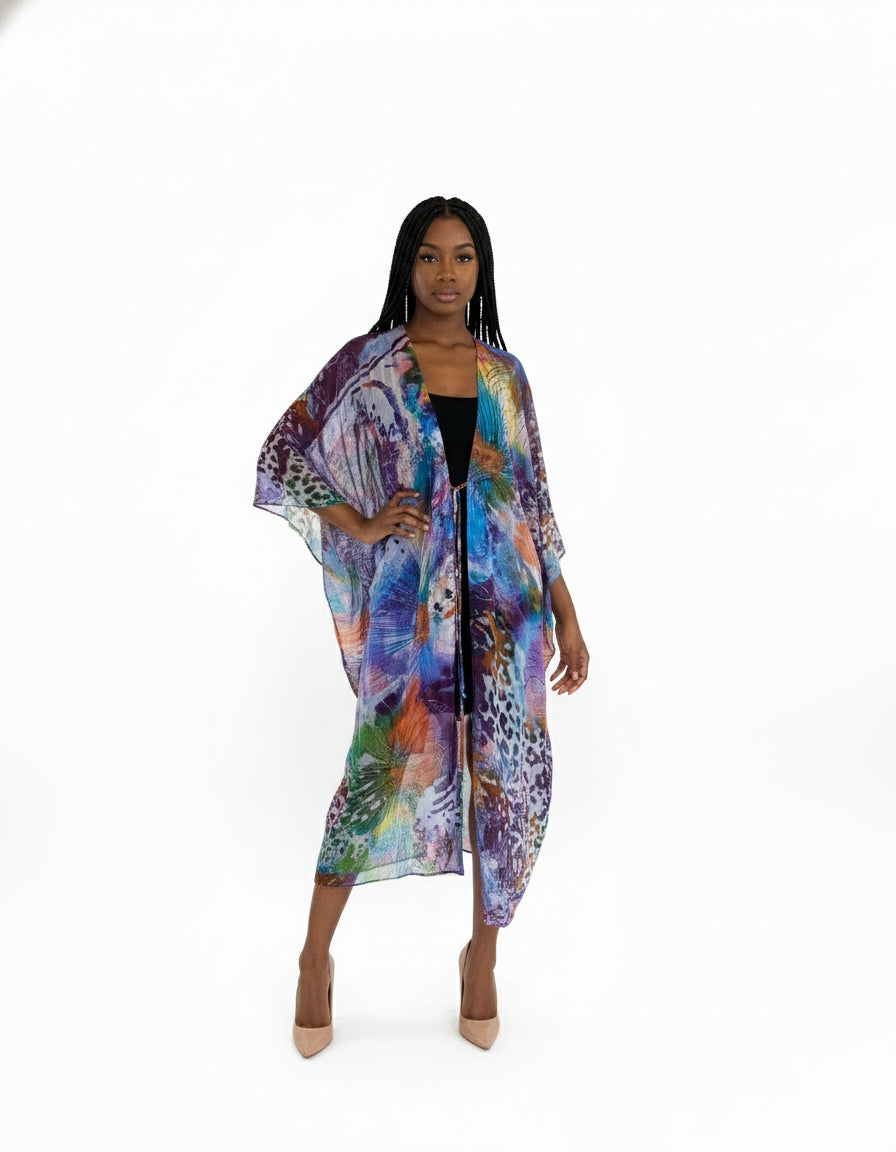 Silk Purple Print Kamala Kimono