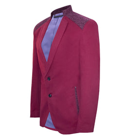 Wine red blazer with military collar and lapels.