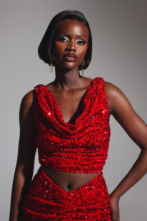 JESS Sequin Cowl Crop Top in RUBY