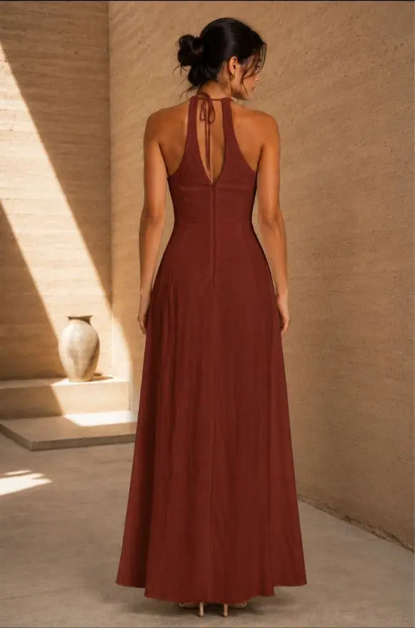 Ancestral Dawn by PASALUMAC – Halter Linen Maxi Dress with Hand-Embroidered and Painted Details
