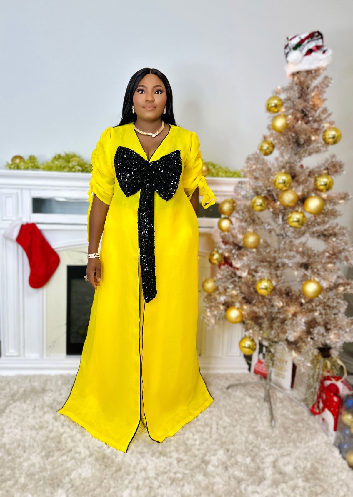 Yellow kimono with black bow sequin and white wide leg pant set