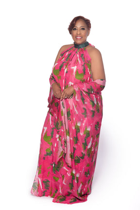 Pink Green Wall Splash Gathered Maxi Dress