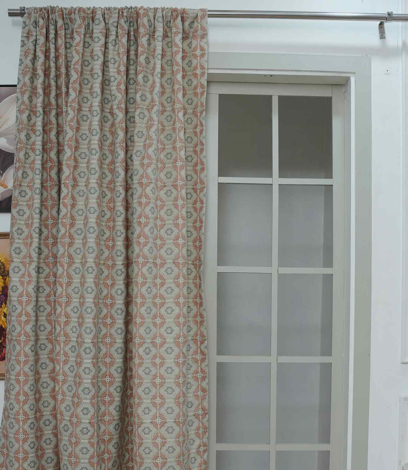 Boho Style Handcrafted Linen Curtains  Peach & Grey Floral Block Print Jhroka Window Drapes