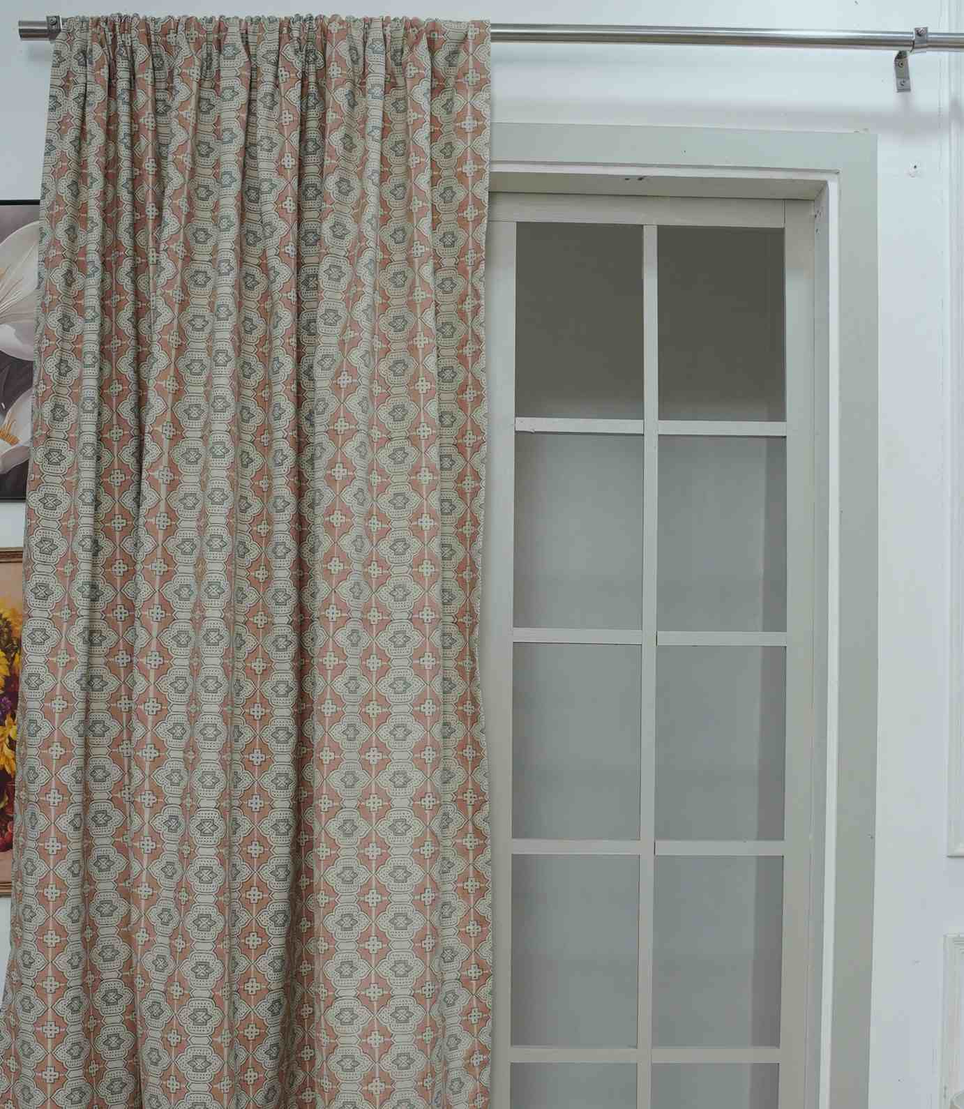 Boho Style Handcrafted Linen Curtains  Peach & Grey Floral Block Print Jhroka Window Drapes