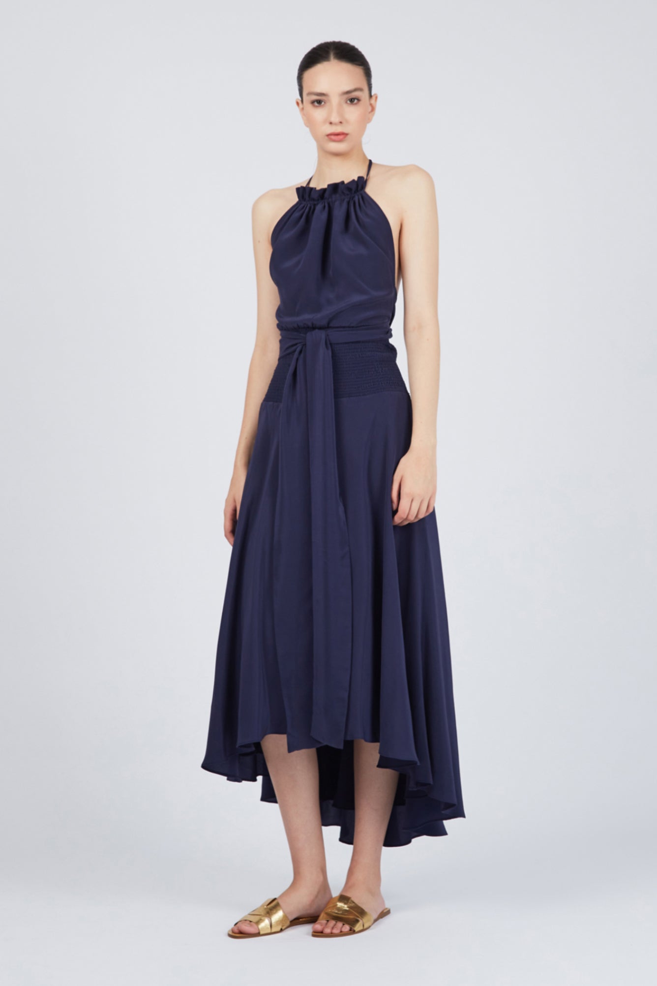 Zenia Halter Neck Silk Dress | Navy