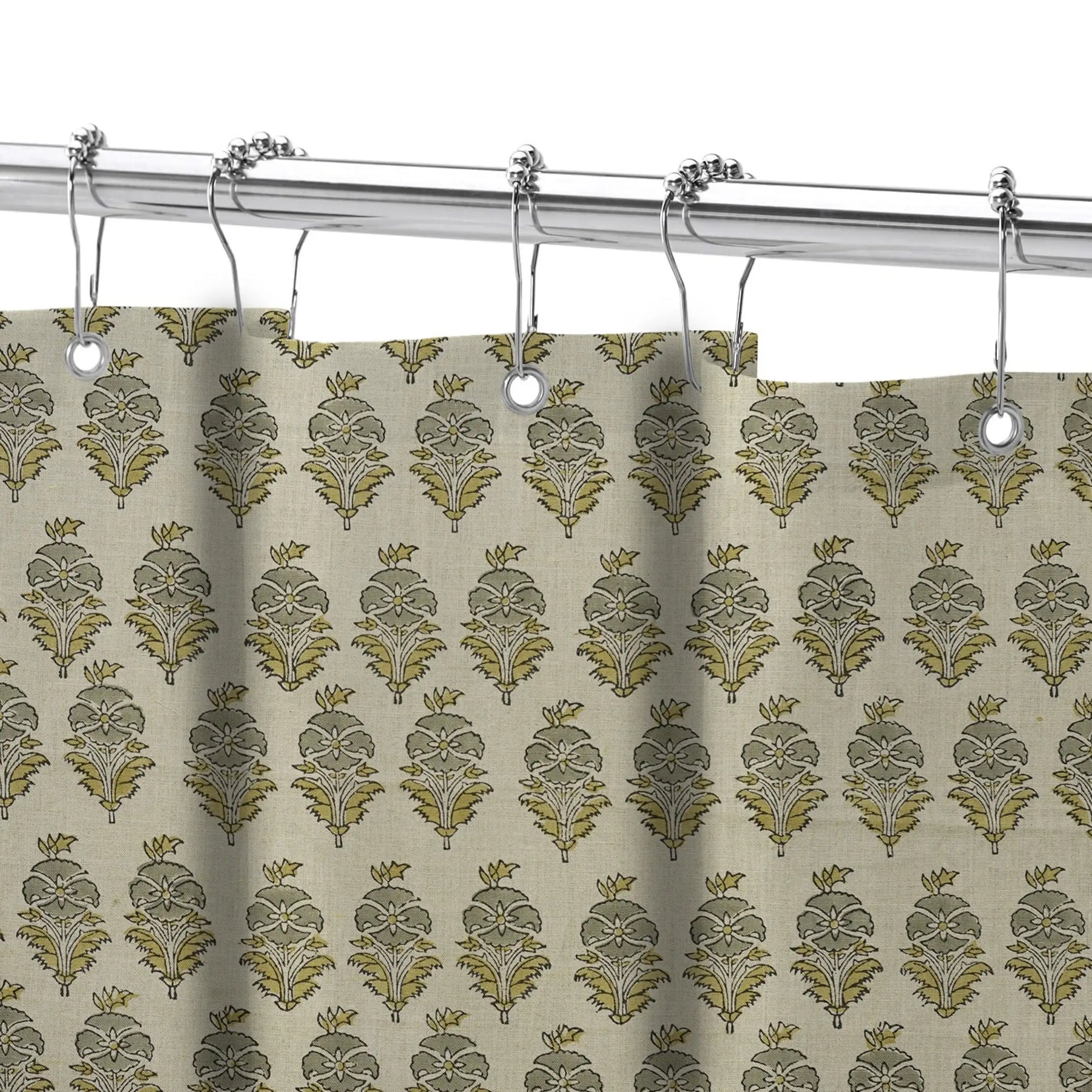 Block Print Pure Linen Shower Curtain with Ring Header - Mormukut