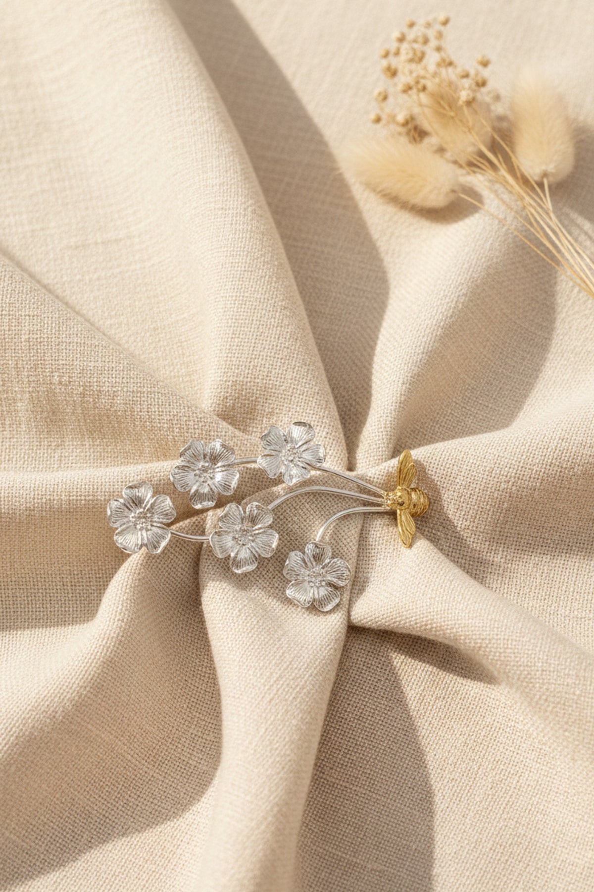 Luxury 10k Gold Bee & Silver Bouquet Brooch