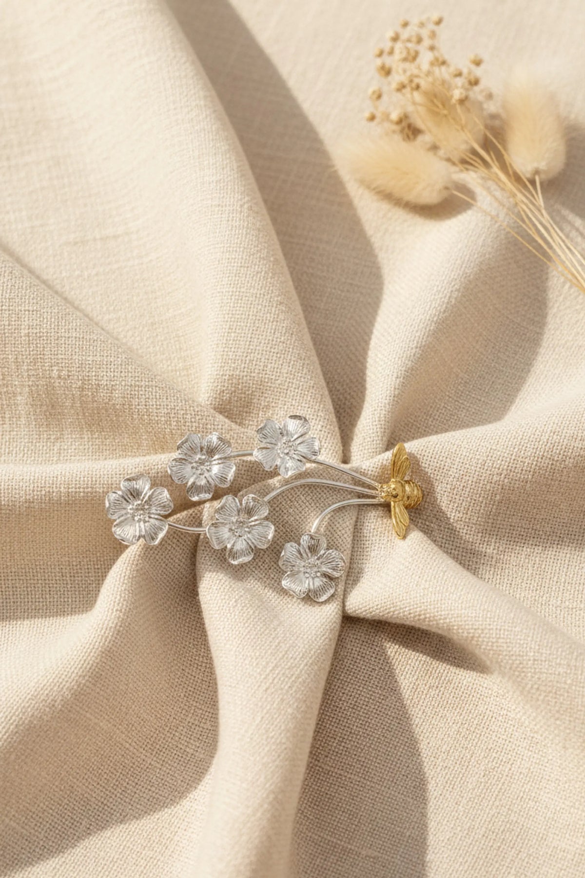 Luxury 10k Gold Bee & Silver Bouquet Brooch