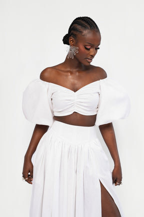 Linen SKYE Puffy Sleeve Crop Top in White