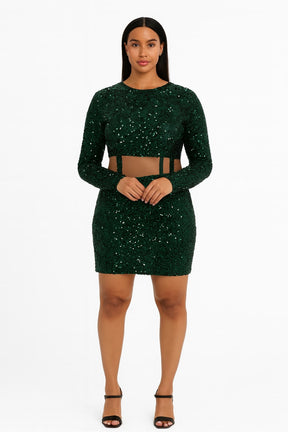 Emerald Allure Sequin Cut-Out Dress