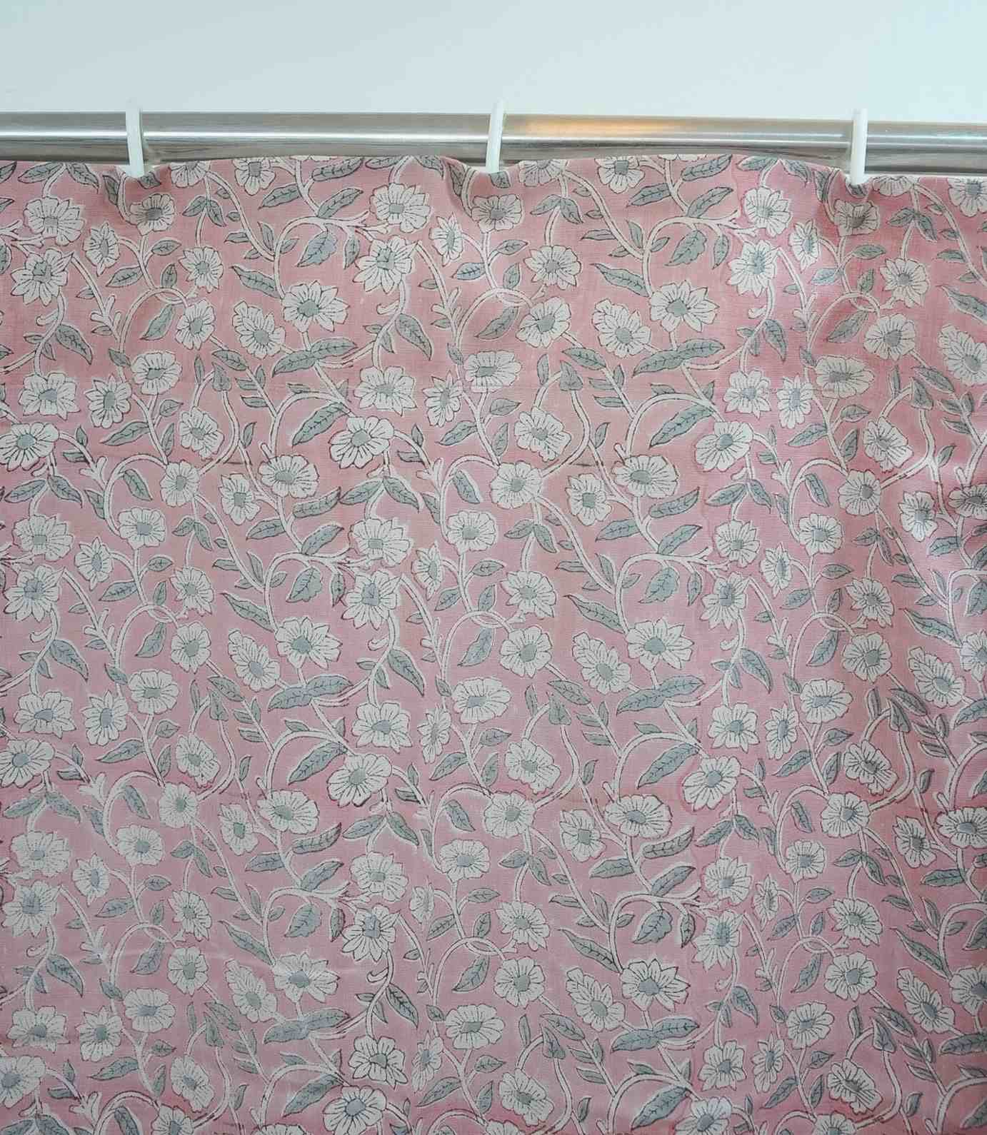 Floral Block Print Viscose Linen Curtain - Haridwar Gray and Pink Handcrafted Window Drape