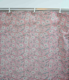 Floral Block Print Viscose Linen Curtain - Haridwar Gray and Pink Handcrafted Window Drape