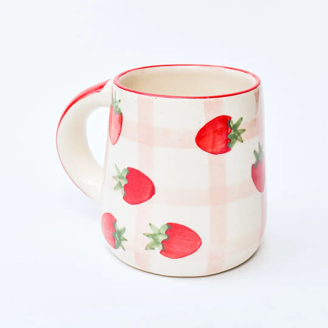 Strawberry Checkered Delight Ceramic Mug - 3.5 x 3 Inches