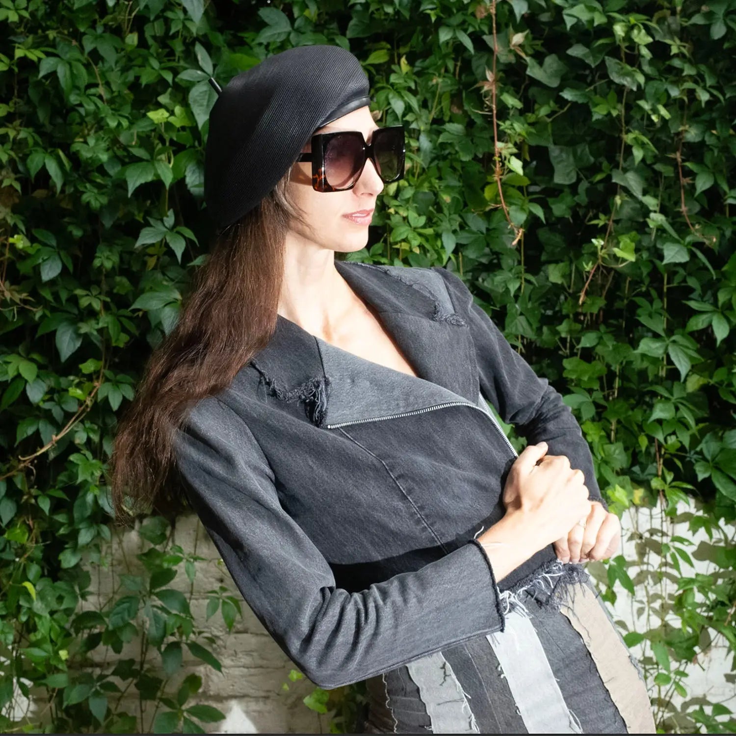 Angie Convertible Collar Moto Jacket -Distressed Black