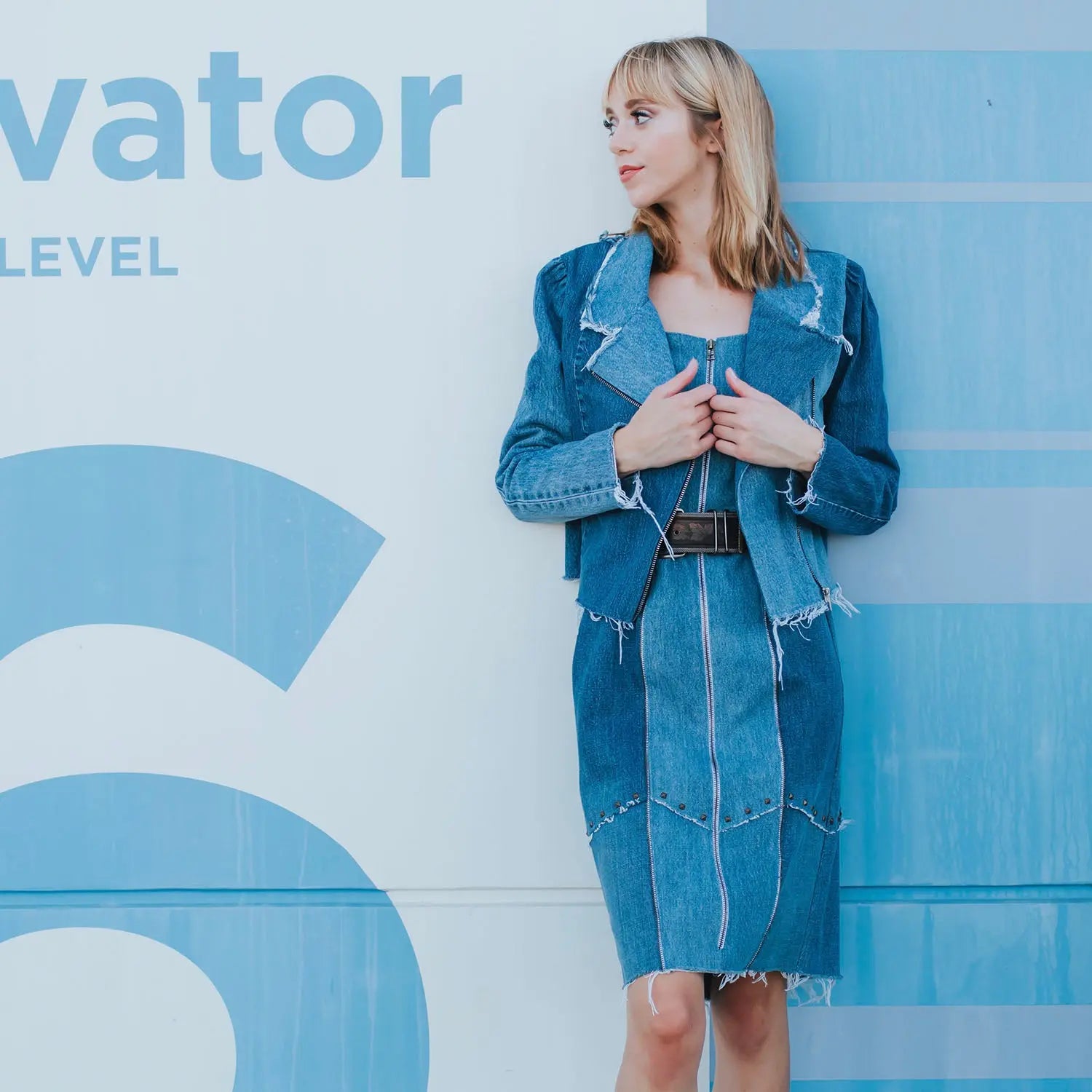 Angie Convertible Collar Moto Jacket -Medium Blue