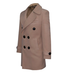 Beige double-breasted coat with wide lapels.