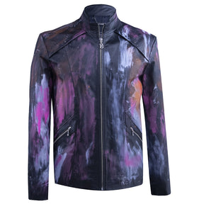 Black leather jacket with paint brushstroke details