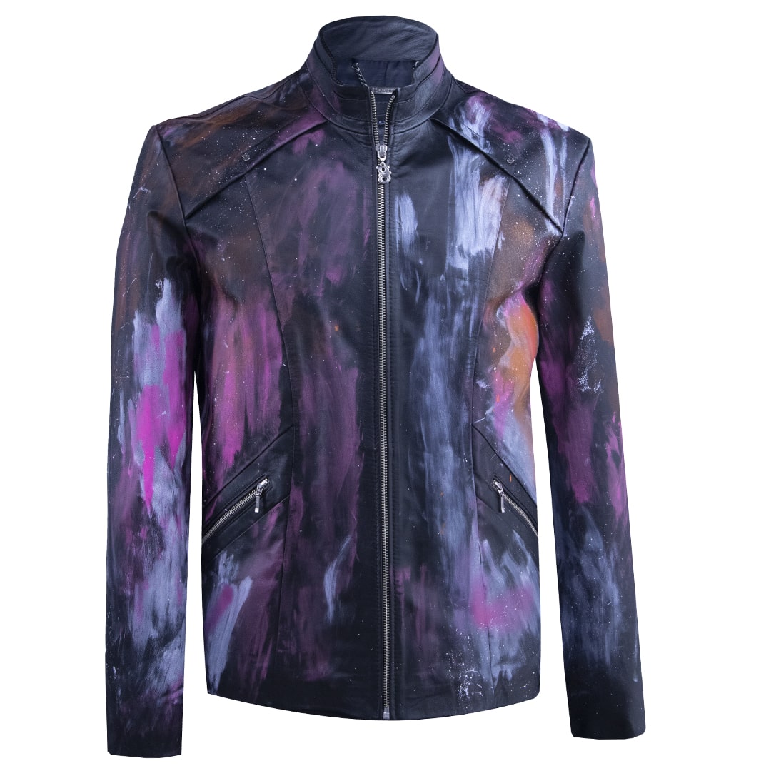 Black leather jacket with paint brushstroke details