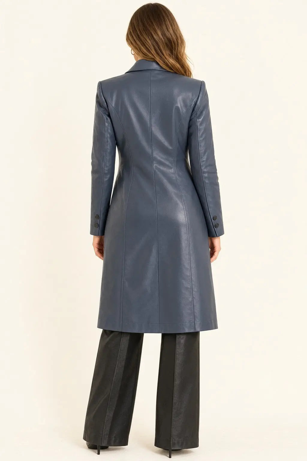 Blue Leather Trench Coat &amp; Black Wide-Leg Pants