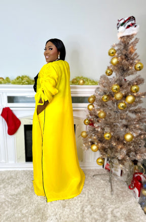 Yellow kimono with black bow sequin and white wide leg pant set