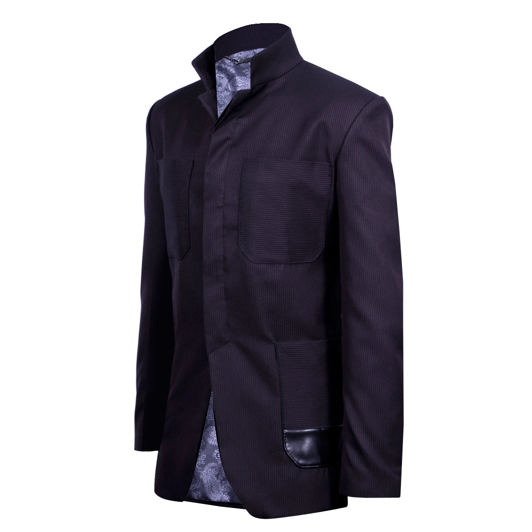 Black blazer with wine red stripes and button covers