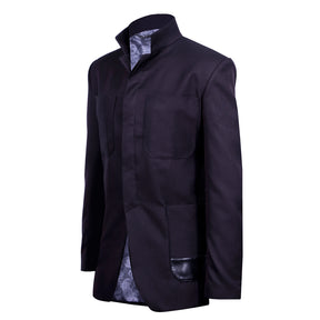 Black blazer with wine red stripes and button covers