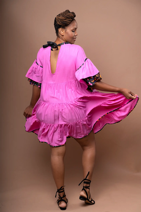 Neena Tiered Kaftan Mini Dress - Sensual Carmine Rose
