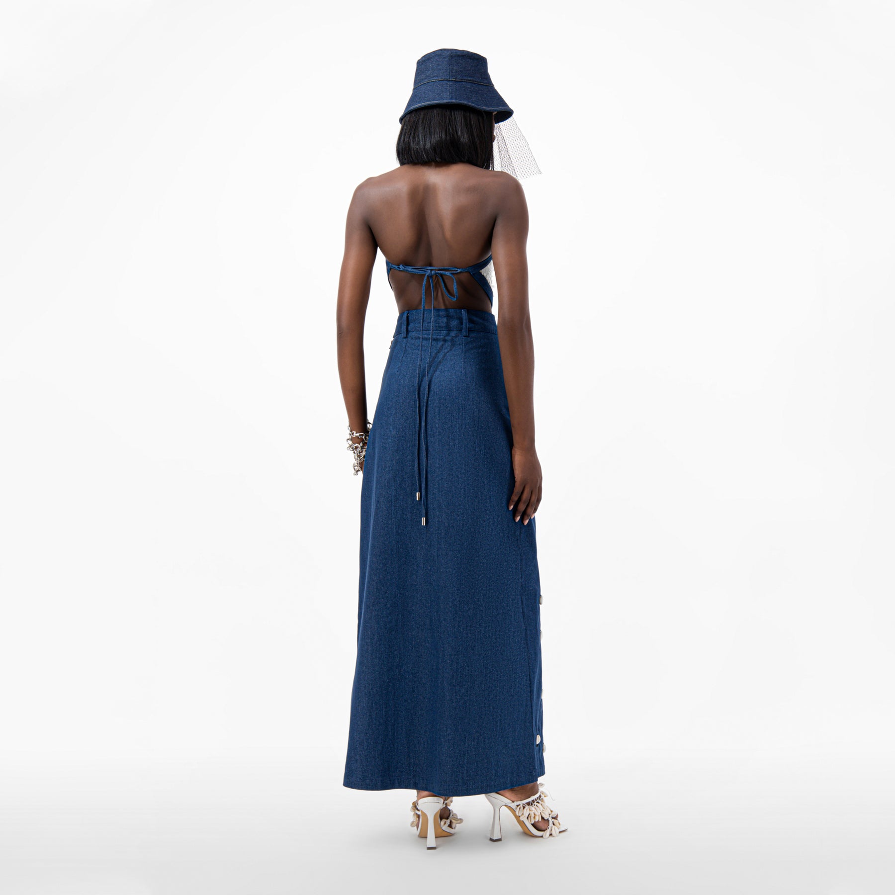 Cowrie Shell Embellished Denim Maxi Skirt