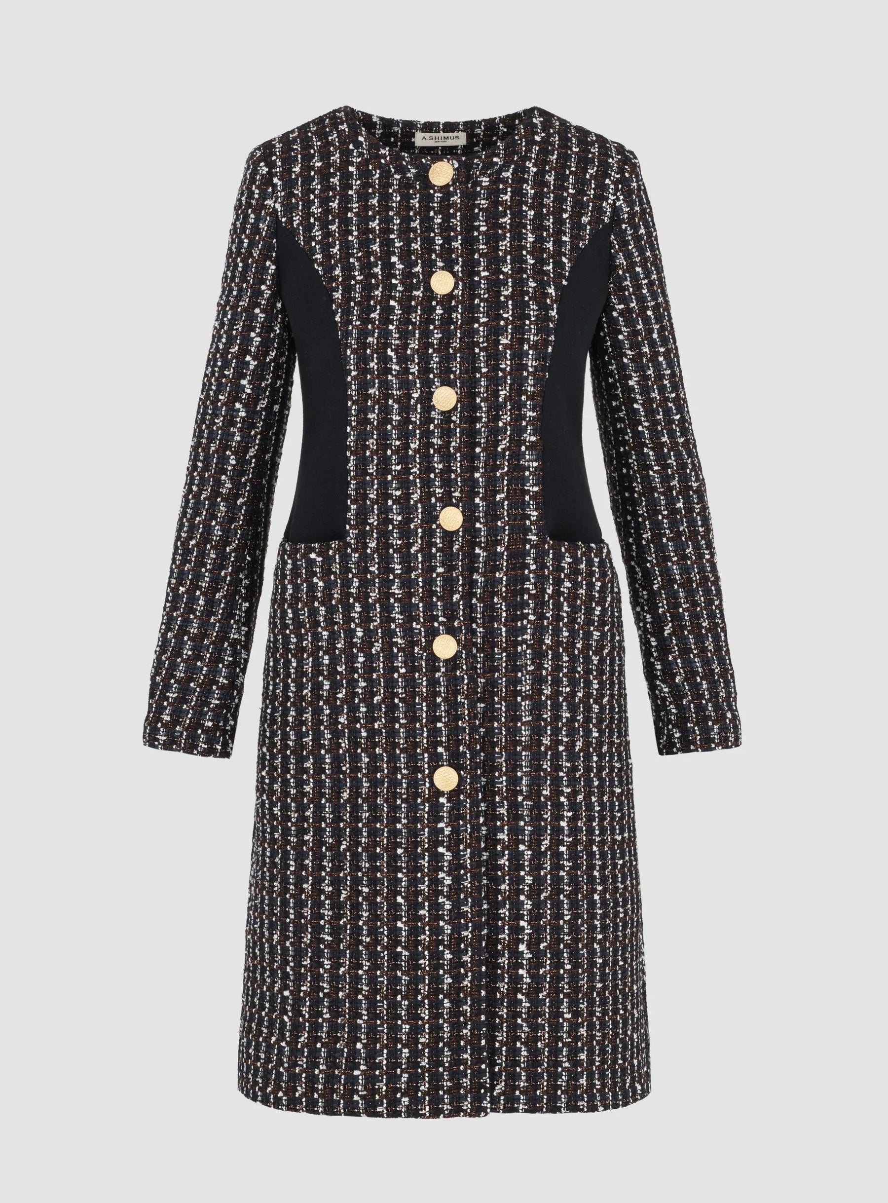Paneled No-Collar Tweed Coat