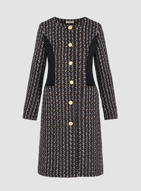 Paneled No-Collar Tweed Coat