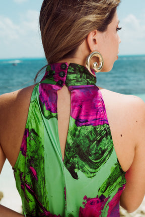 Green Magenta Blocks High Neck Bias Cut Dress