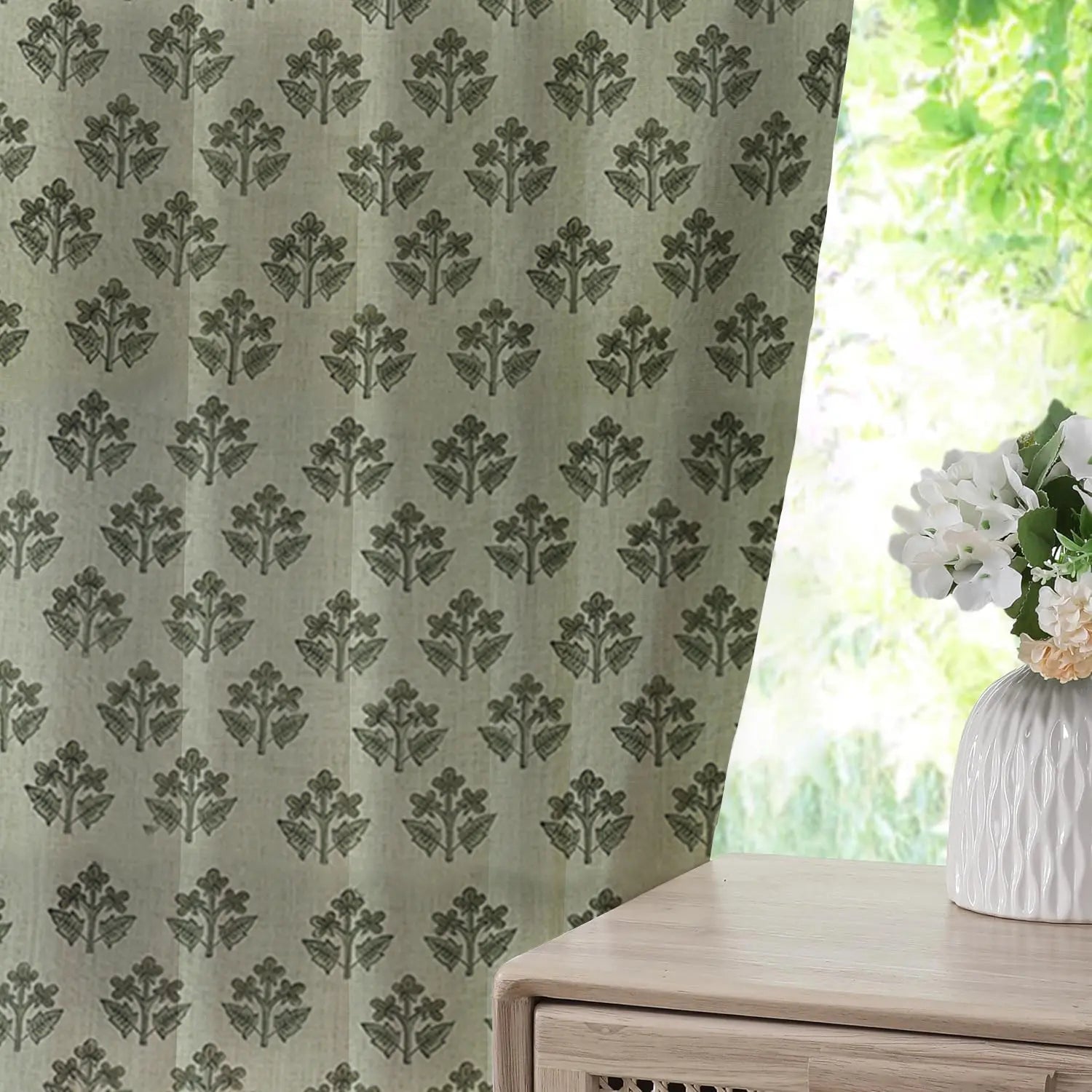 Bold Block Printed Pure Linen Pleated Curtain - Chahat