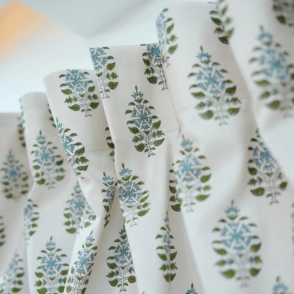 Green Blue Floral Block Print Linen Curtain Handmade Boho Window Panel - Gulnari