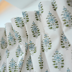Green Blue Floral Block Print Linen Curtain Handmade Boho Window Panel - Gulnari