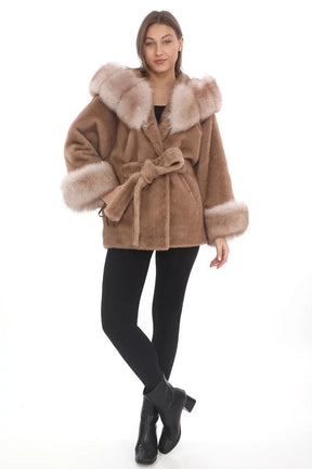 Natural Tan Fox Fur Coat with Belted Waist