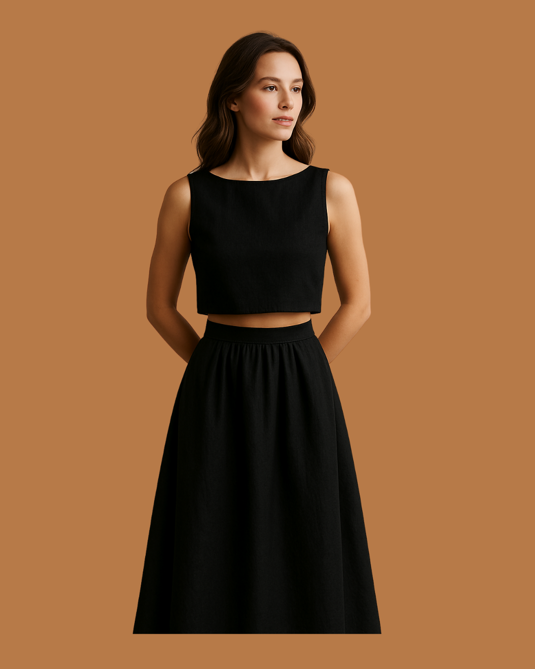 Aria Two-Piece Linen Set – Black Cropped Tank & Gathered Midi Skirt
